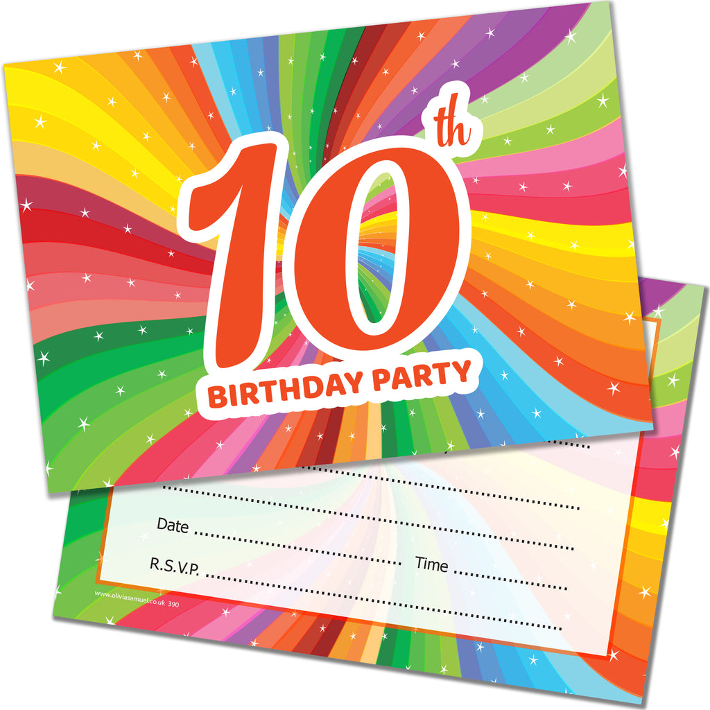 10th Birthday Party Invitations. Children's Bright Unisex Style. Multipack of 20 Invites with Envelopes