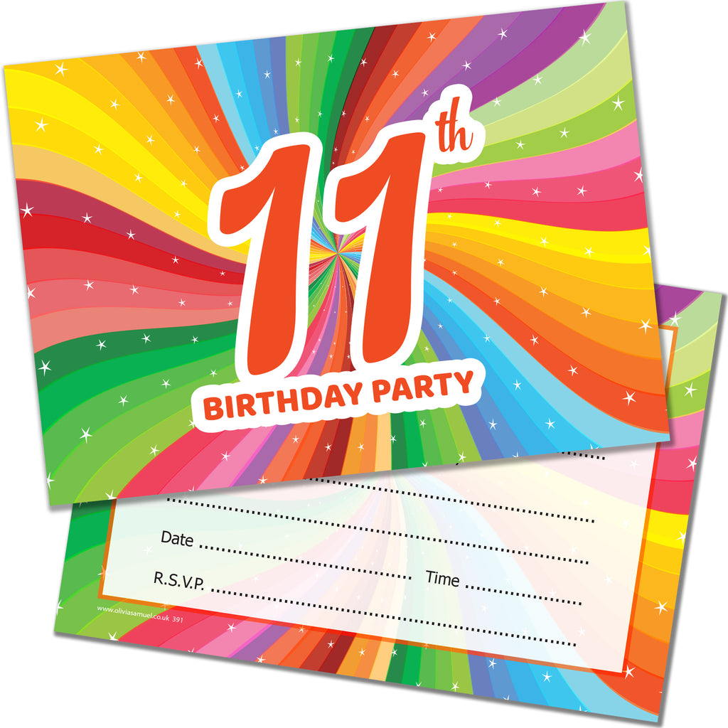 11th Birthday Invites Childrens Bright Unisex Invitations with Envelopes Pack 20