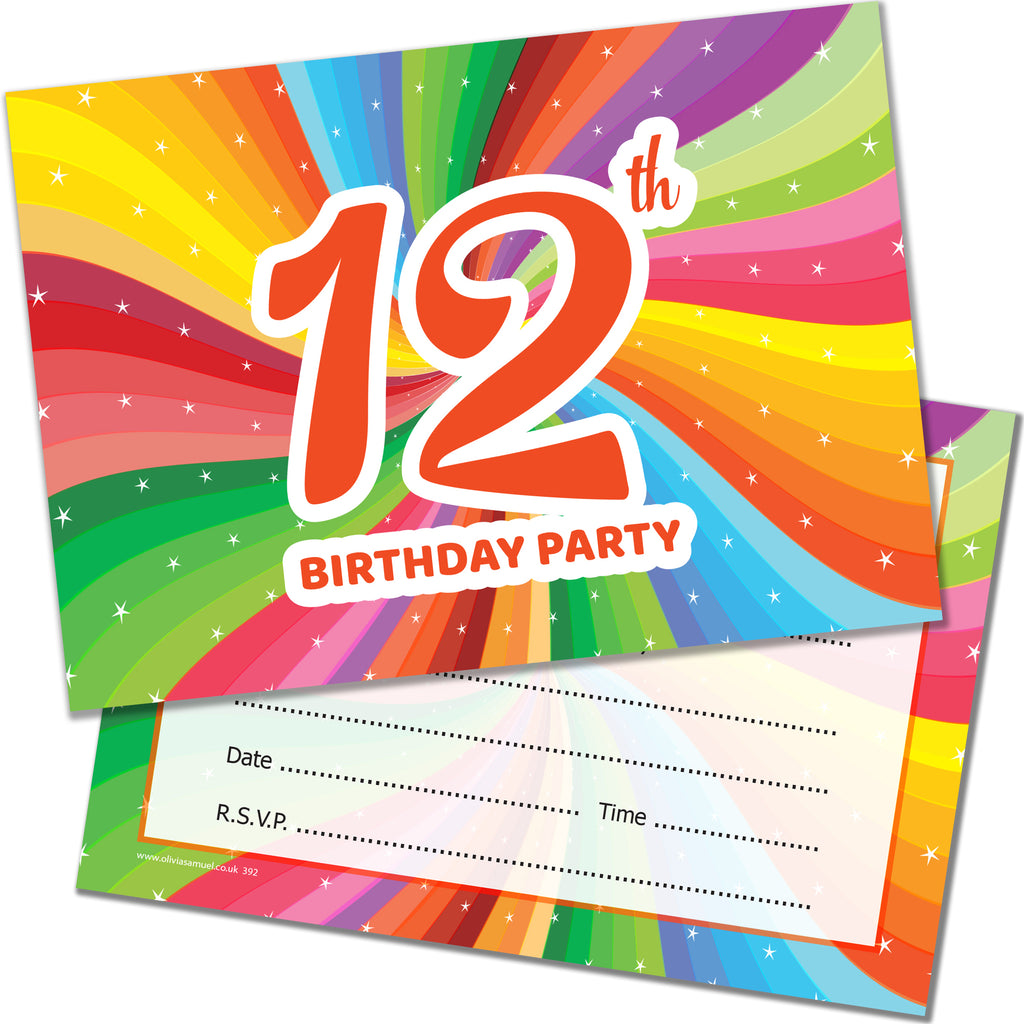12th Birthday Invites Childrens Bright Unisex Invitations with Envelopes Pack 20