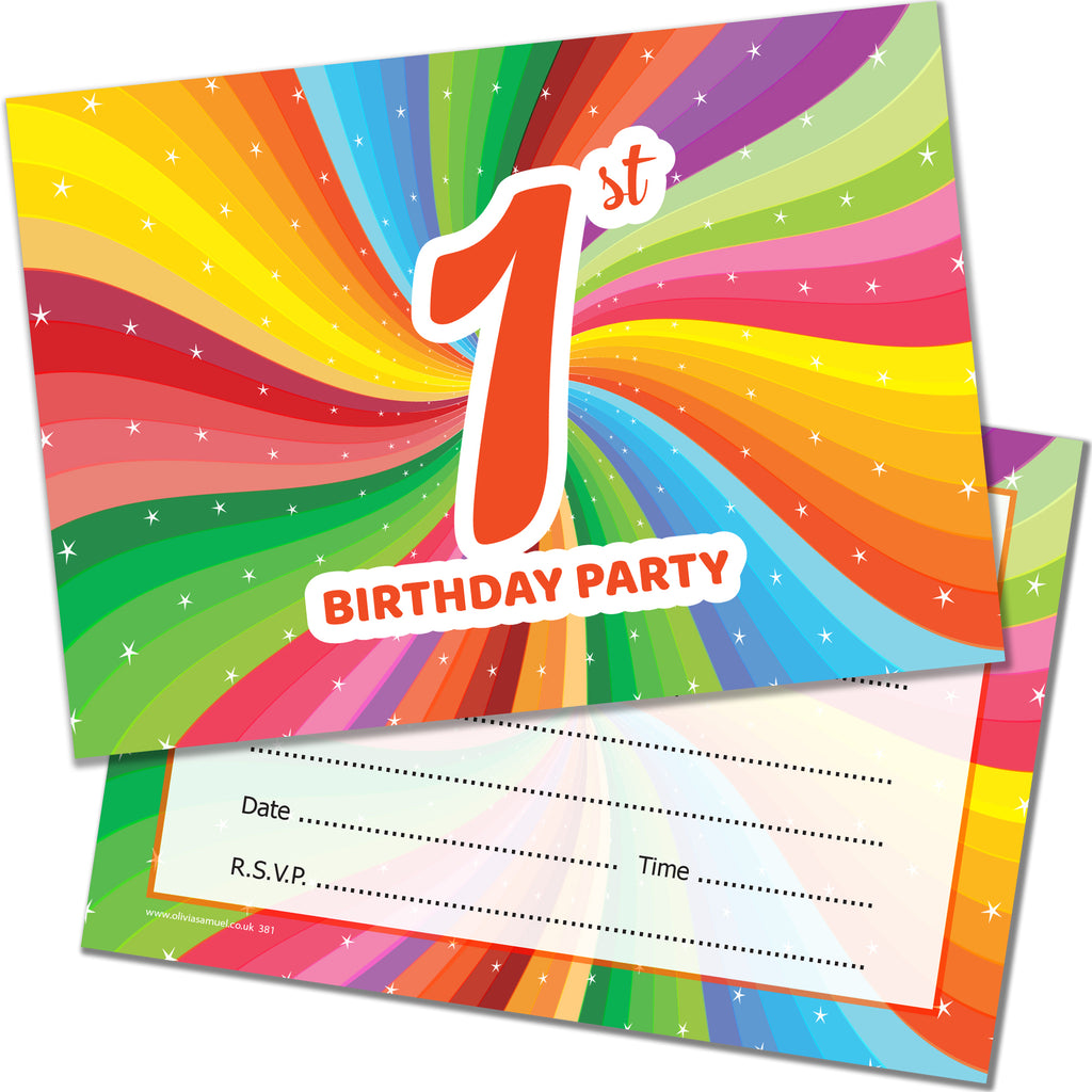 1st Birthday Invites Childrens Bright Unisex Invitations with Envelopes Pack 20