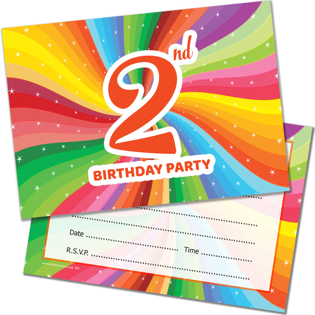 2nd Birthday Invites Childrens Bright Unisex Invitations with Envelopes Pack 20