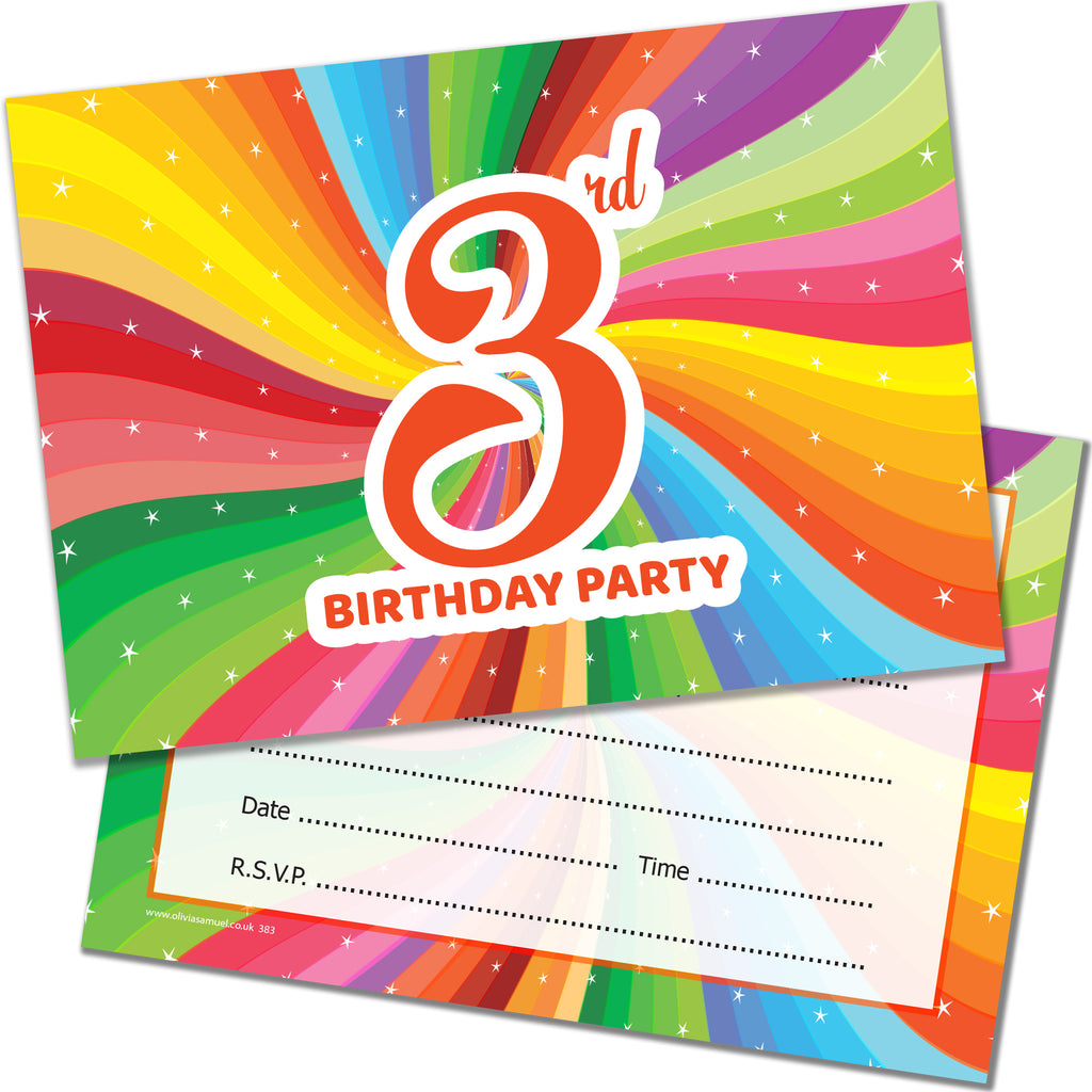 3rd Birthday Invites Childrens Bright Unisex Invitations with Envelopes Pack 20
