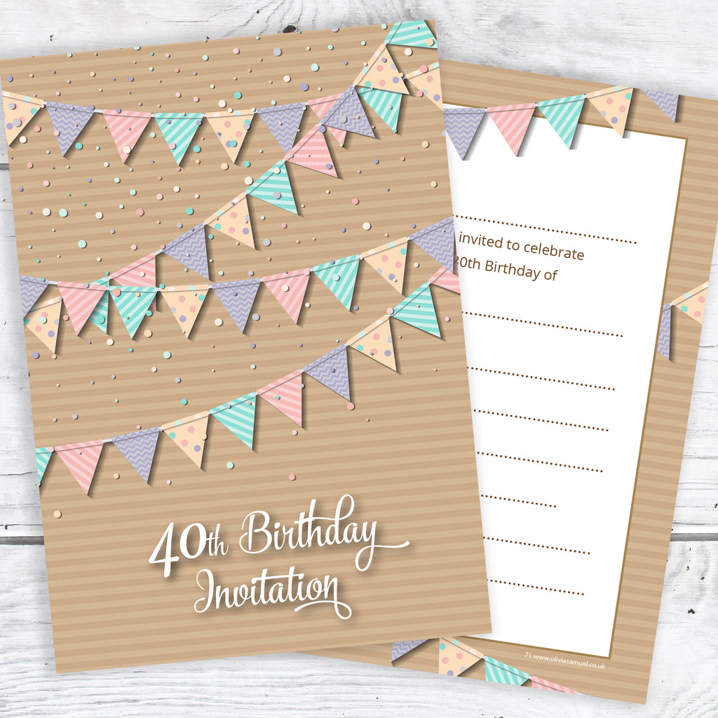 40th Birthday Invitations - Bunting Design - Ready to Write Invites