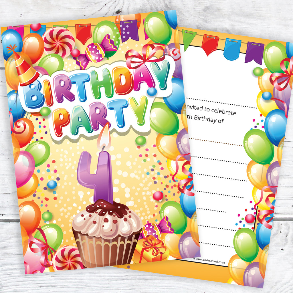 4th Birthday Invitations - Boy or Girl - Ready to Write with Envelopes Pack of 10