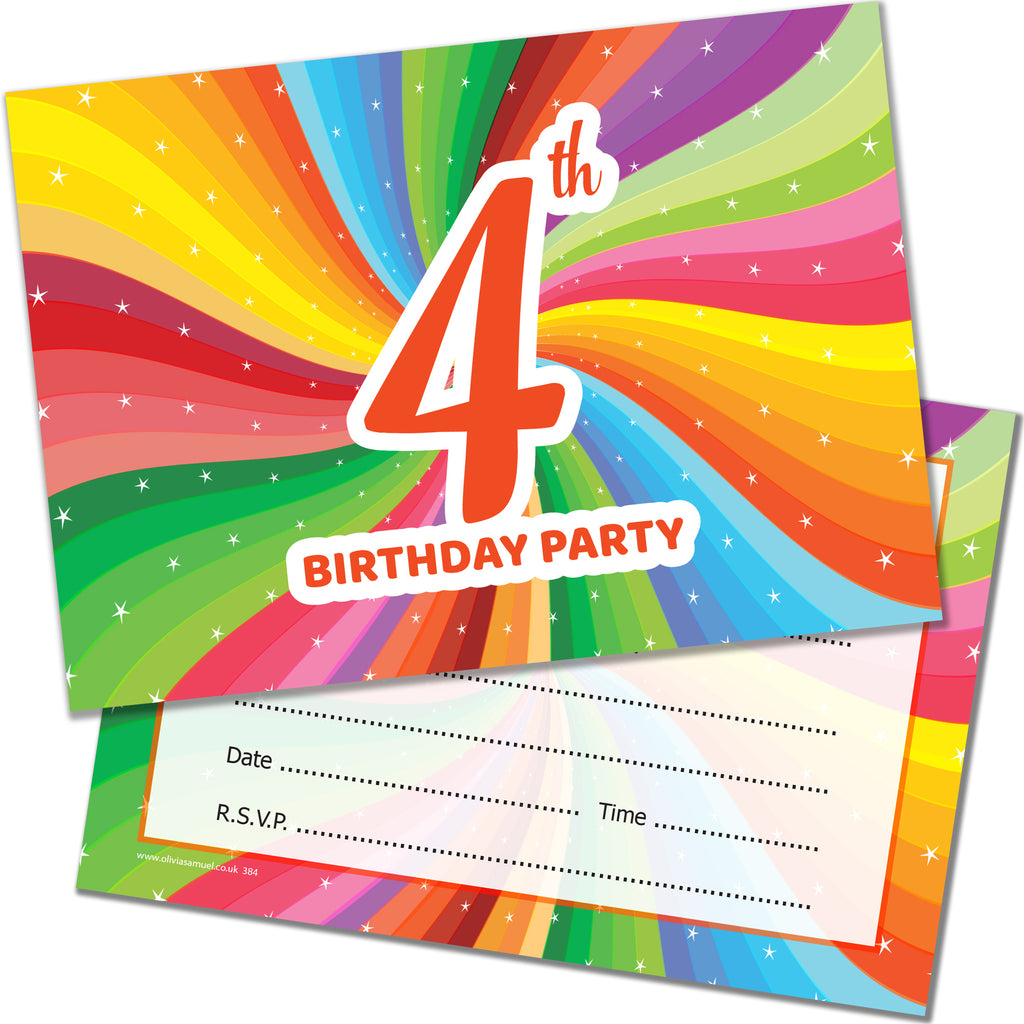 4th Birthday Invites Childrens Bright Unisex Invitations with Envelopes Pack 20