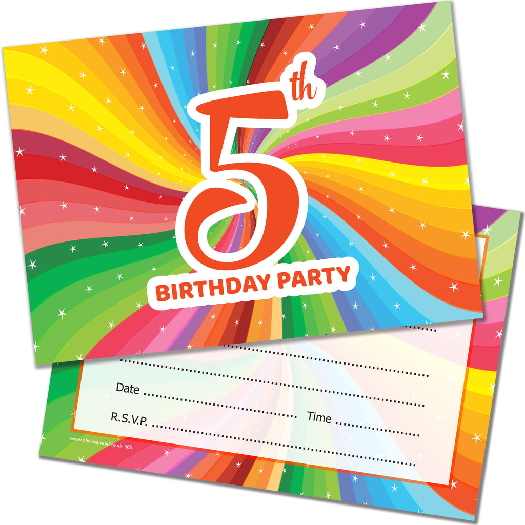 5th Birthday Invites Childrens Bright Unisex Invitations with Envelopes Pack 20