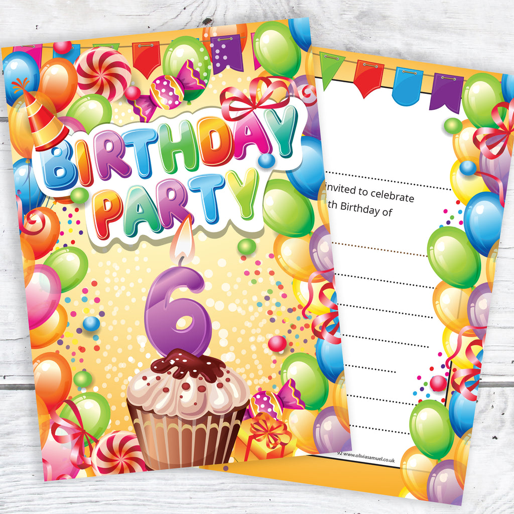 6th Birthday Invitations - Boy or Girl - Ready to Write with Envelopes Pack of 10