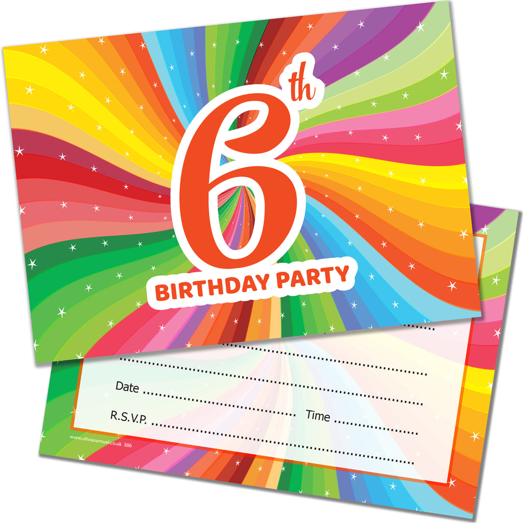 6th Birthday Invites Childrens Bright Unisex Invitations with Envelopes Pack 20