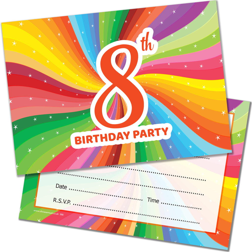 0 x 8th Birthday Party Invitations. Children's Bright Unisex Style. Multipack of 20 Invites with Envelopes