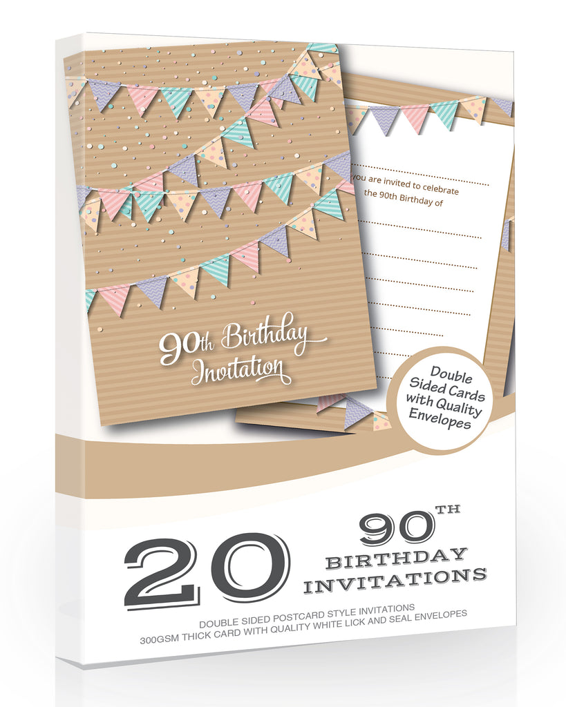 90th Birthday Party Invitations Bunting Style Pack 20