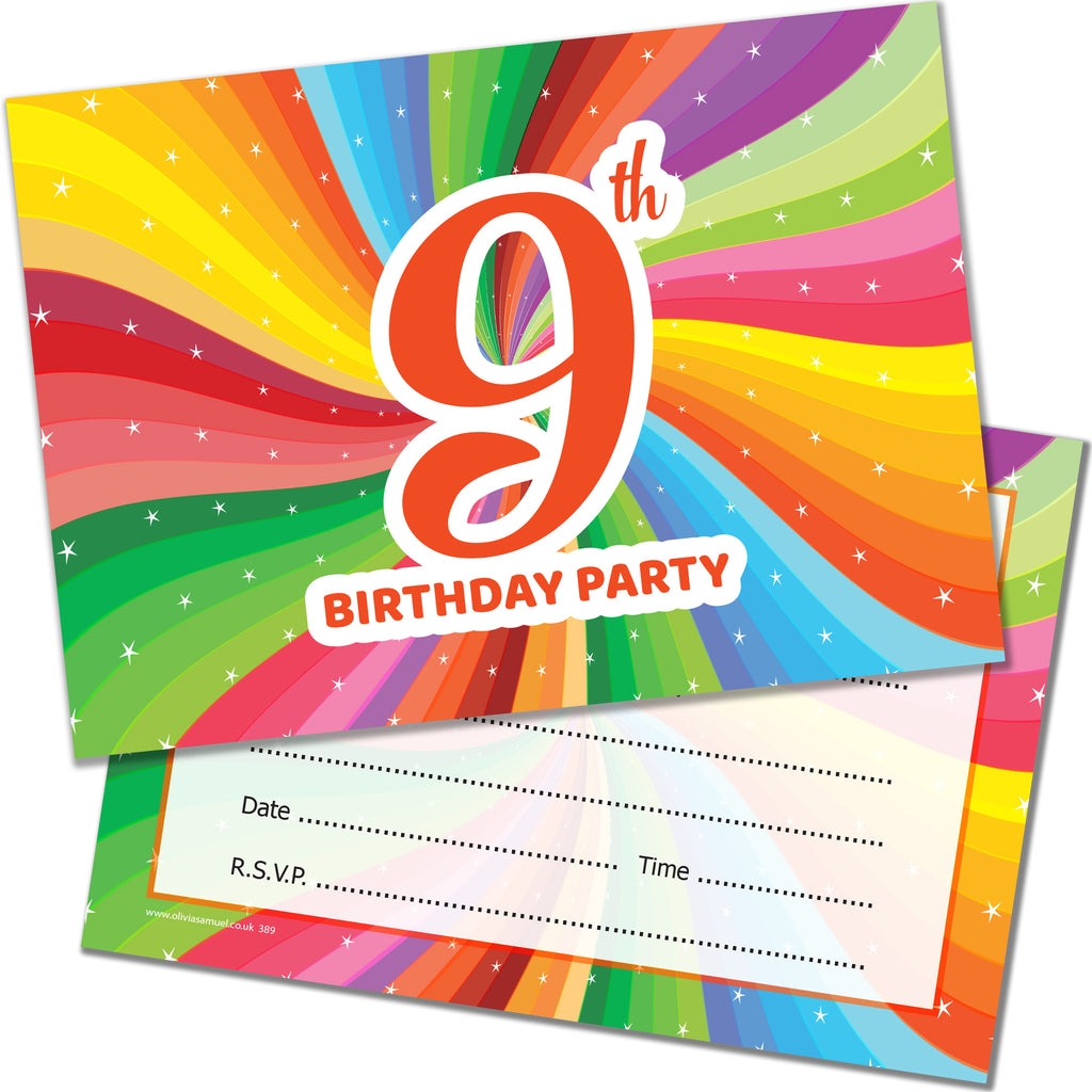 20 x 9th Birthday Party Invitations. Children's Bright Unisex Style. Multipack of 20 Invites with Envelopes