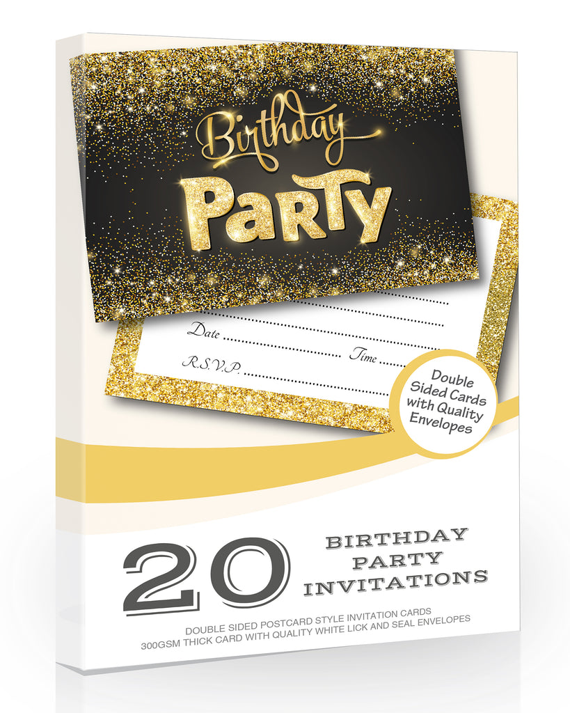 Birthday Party Invitations Black and Gold Style 20 Pack