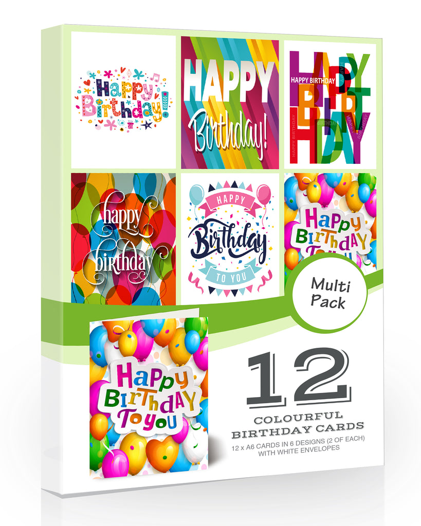12 x Colourful Birthday Cards Pack & Envelopes Great Value Pack