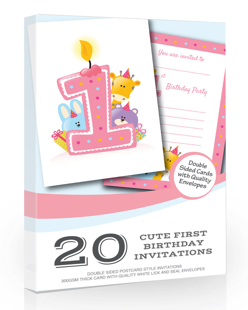 Cute Pink First Birthday Party Invitations Pack 20