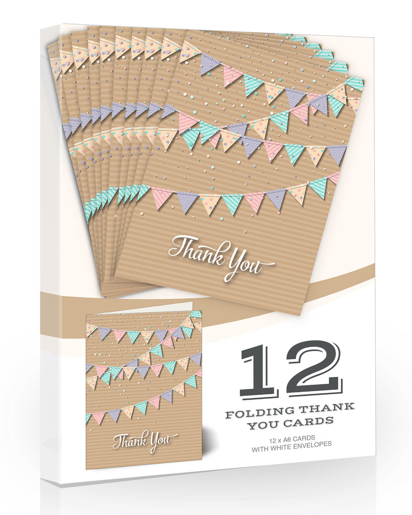 Olivia Samuel 12 x Thank You Cards - Pretty Bunting Style - Folding Thank yous with Envelopes