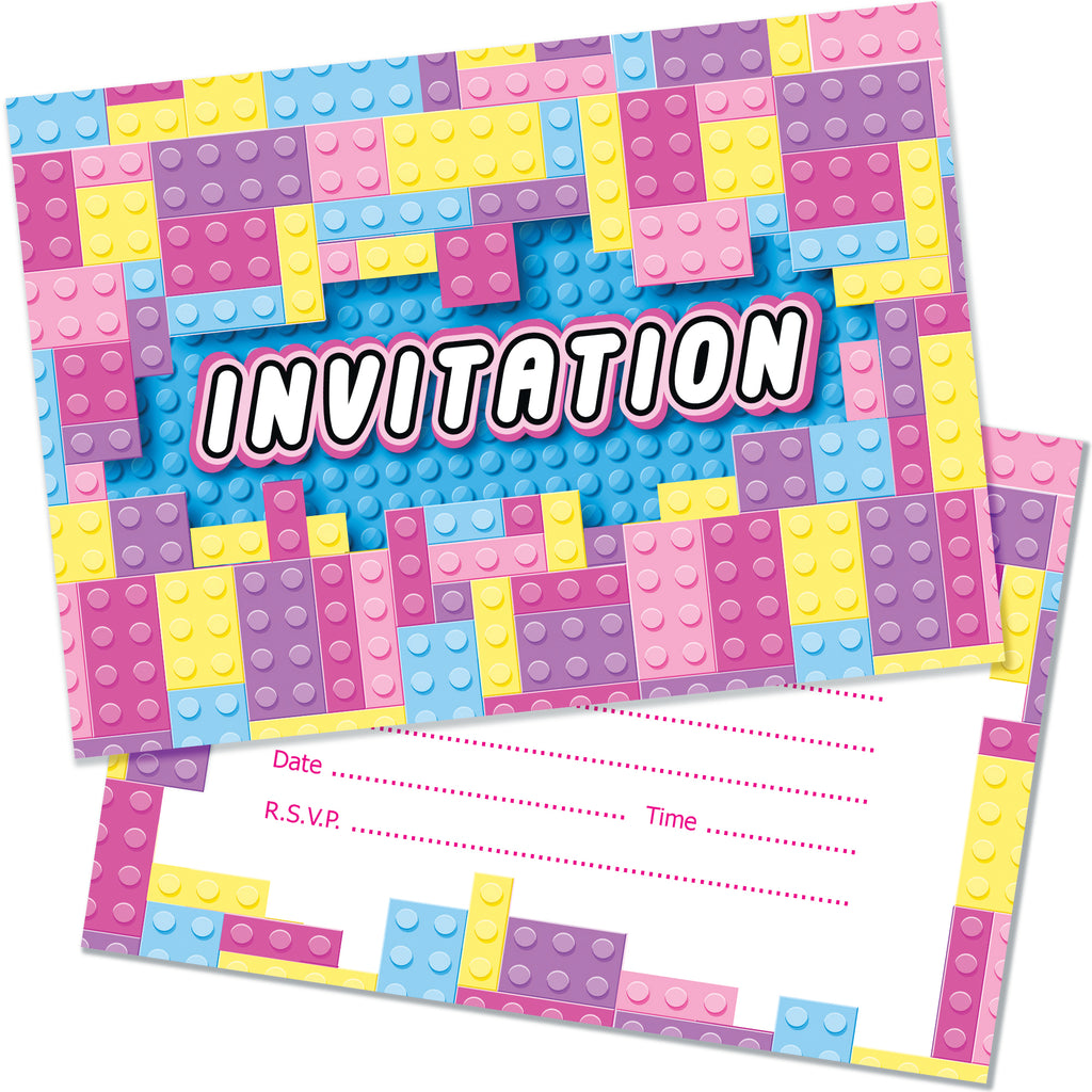 Girls Building Block Birthday Invites Invitations with Envelopes Pack 20
