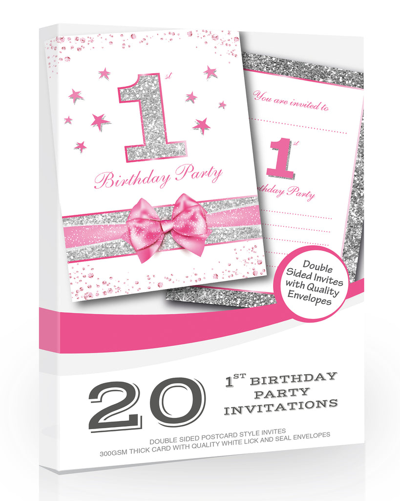 20 x First Birthday Party Invitations - Baby Girl Pink Sparkly Design and Photo Effect Silver Glitter - A6 Postcard Size with envelopes