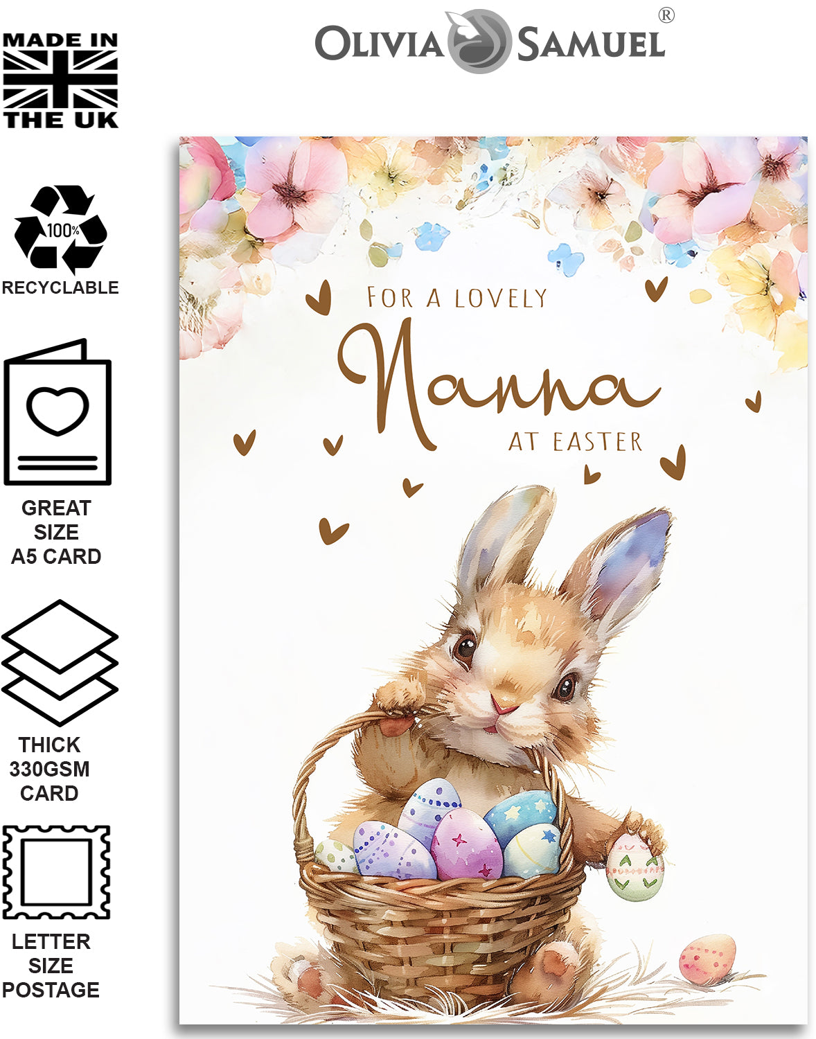 An Envelope Sam Nanna Easter Card - Bunny with Easter Eggs Design - A5 Size with Gold ...