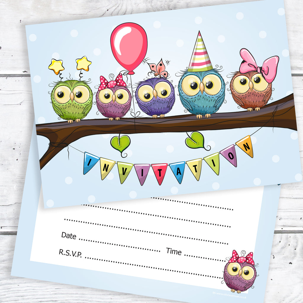 Owl Party Invitations - Funny Invites - Ready to Write with Envelopes