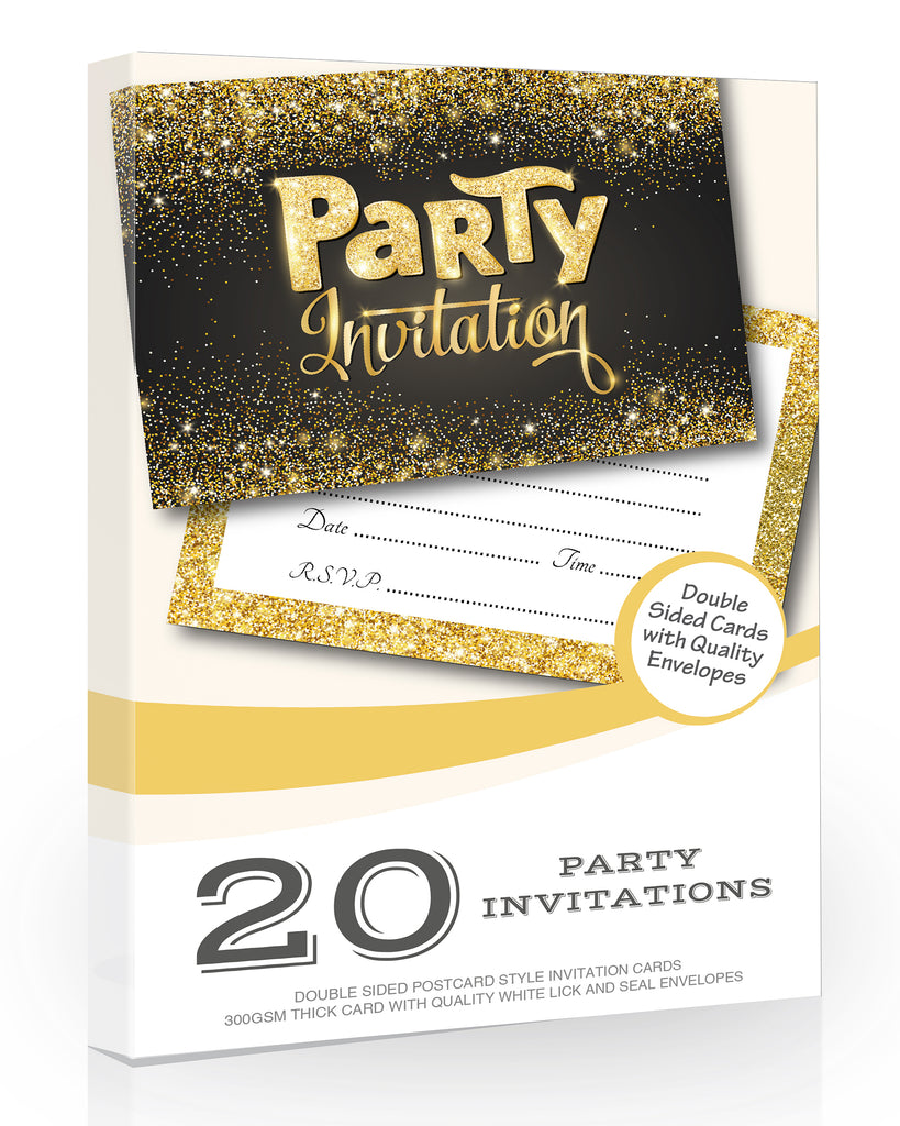 Party Invitations Black and Gold Style 20 Pack