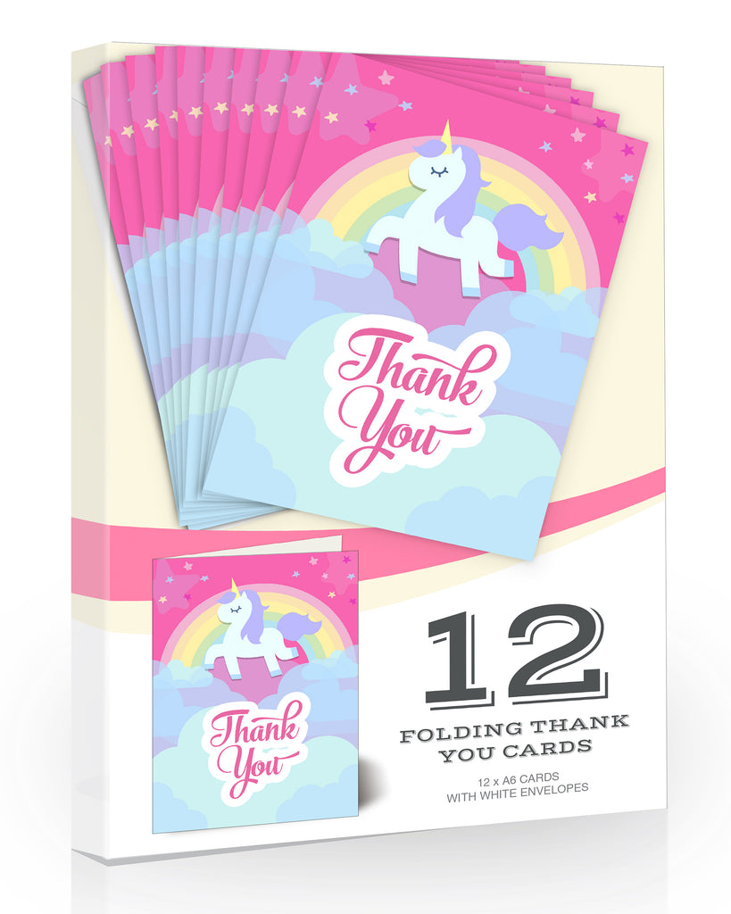 12 x Pink Unicorn Thank You Cards - Folding Style with Envelopes