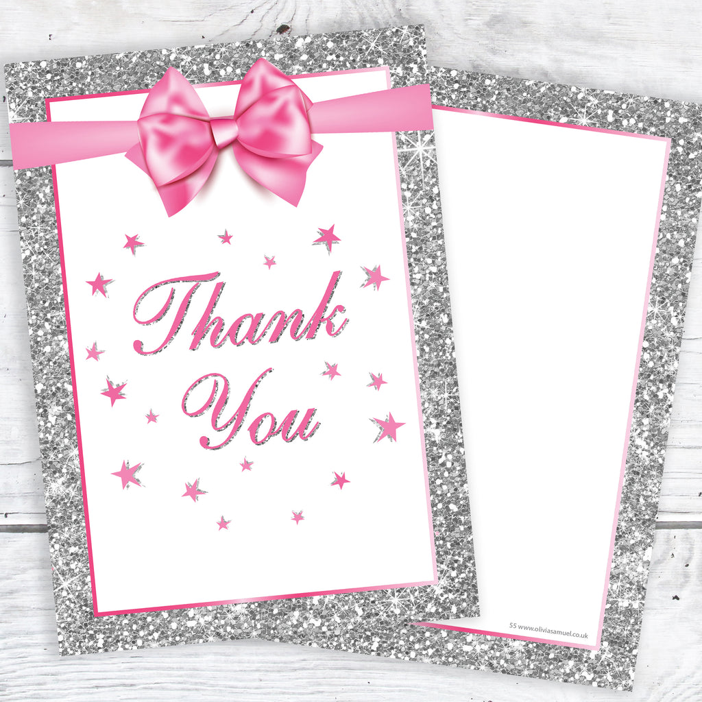 Pink and Silver Glitter Effect Thank You Cards Pack 10
