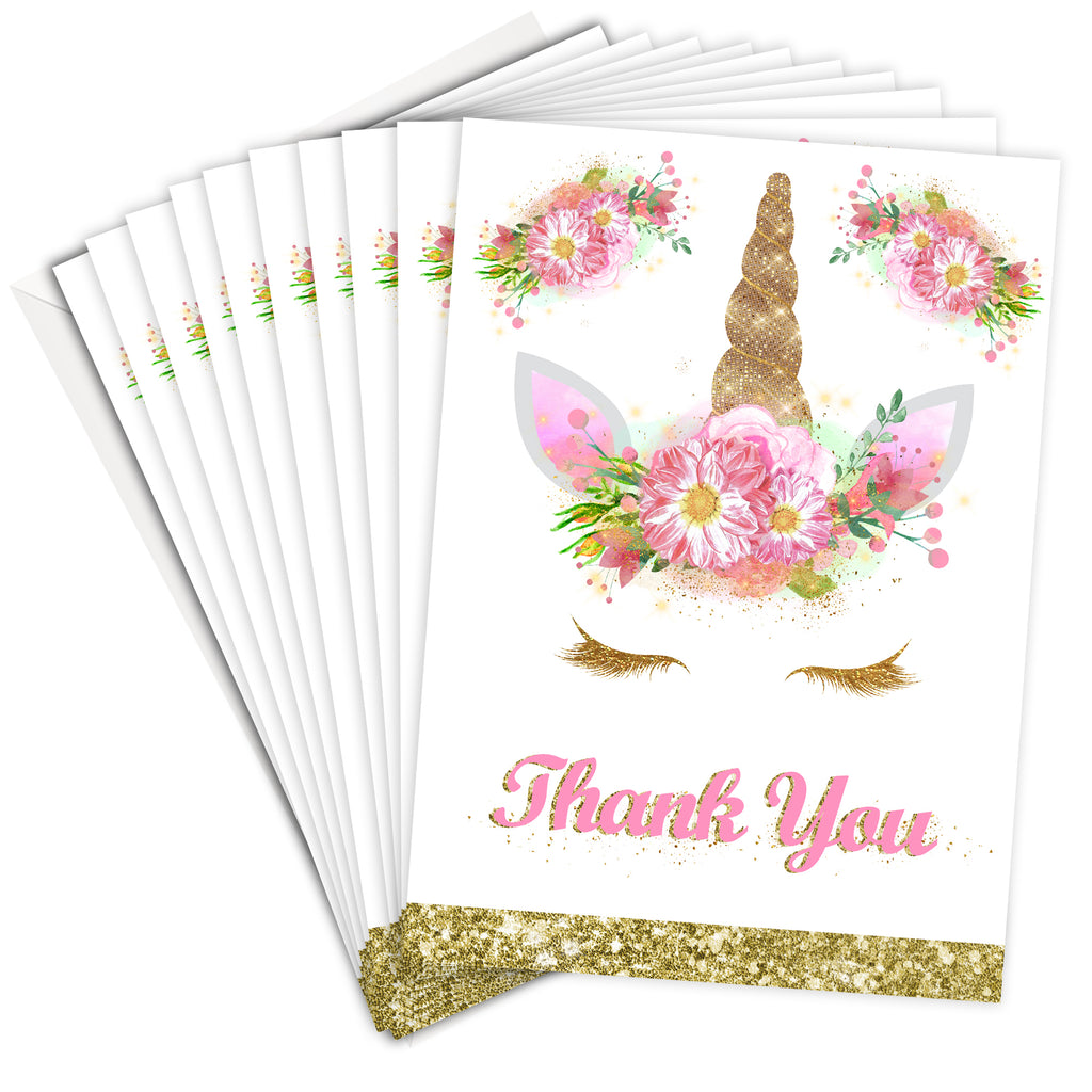 Unicorn Thank You Cards Pink and Gold