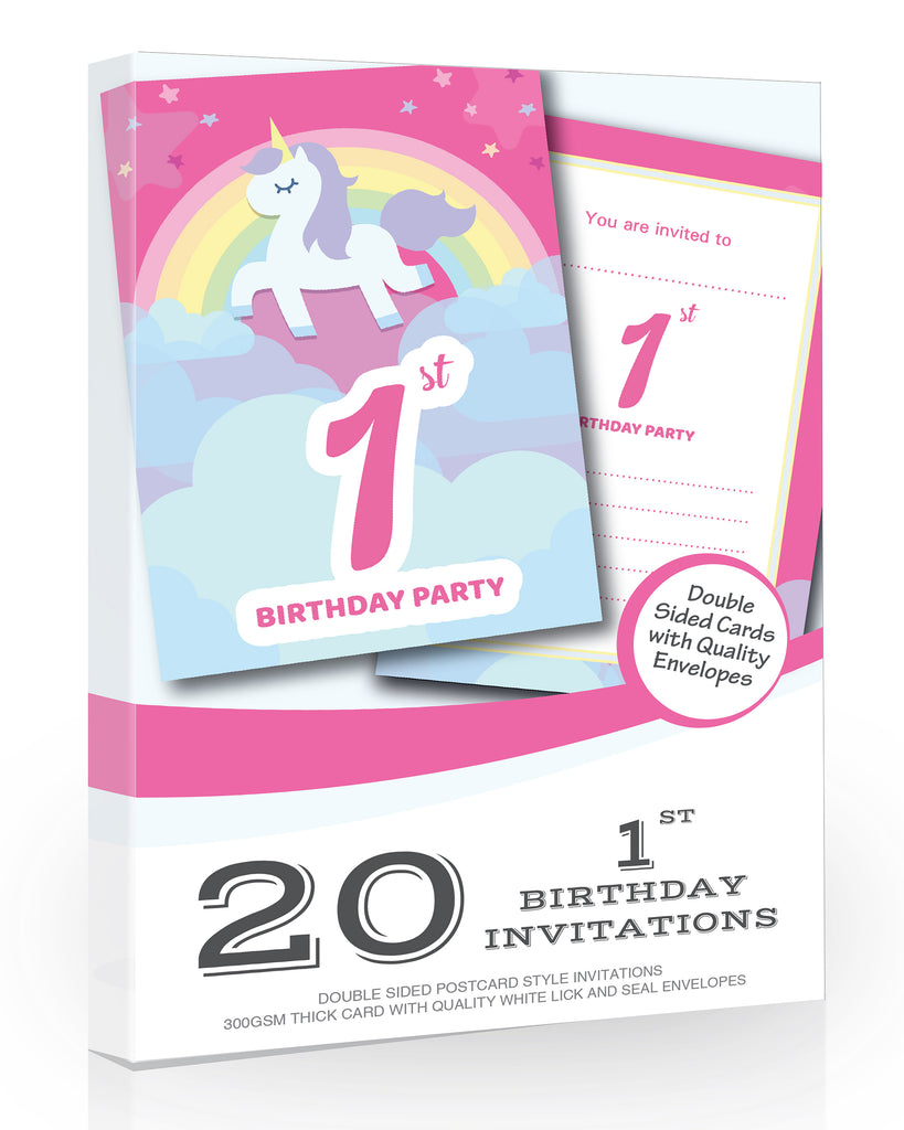 Unicorn and Rainbows 1st Birthday Party Invitations Pack 20