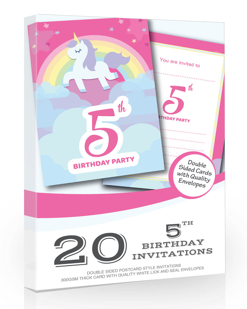 Unicorn and Rainbows 5th Birthday Party Invitations Pack 20